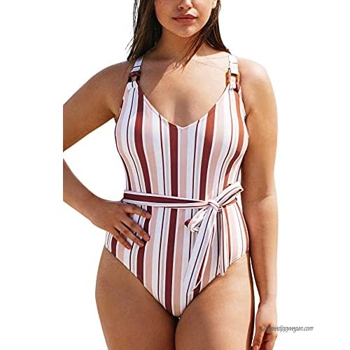 CUPSHE Women's One Piece Swimsuit Plus Size V-Neck Striped Belted Bathing Suit