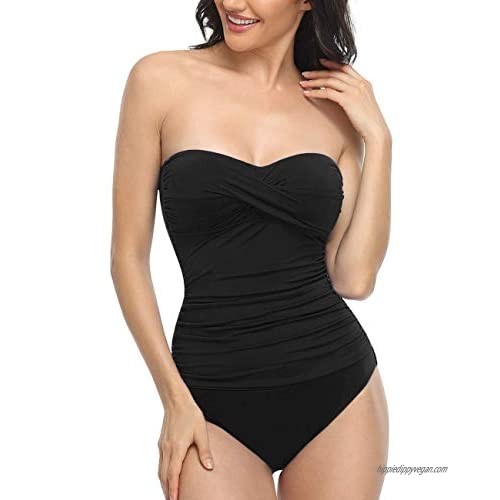 Hilor Women's Bandeau One Piece Swimsuits Front Twist Swimwear Ruched Bathing Suits Tummy Control