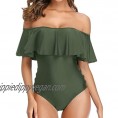 Holipick Off Shoulder One Piece Bathing Suits for Women Ruffle Flounce Swimsuits Criss Cross Tummy Control Bathing Suits