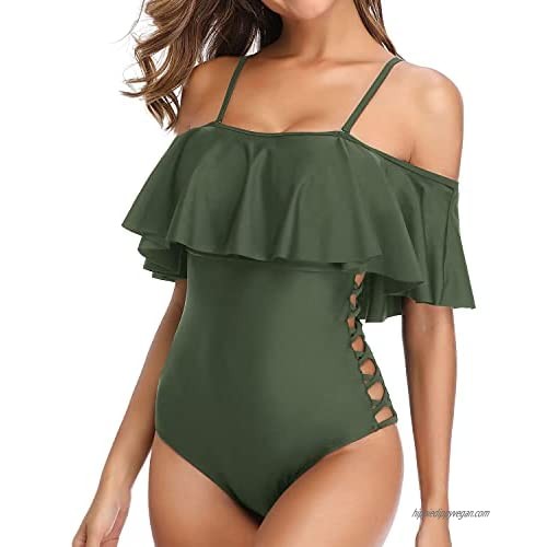 Holipick Off Shoulder One Piece Bathing Suits for Women Ruffle Flounce Swimsuits Criss Cross Tummy Control Bathing Suits