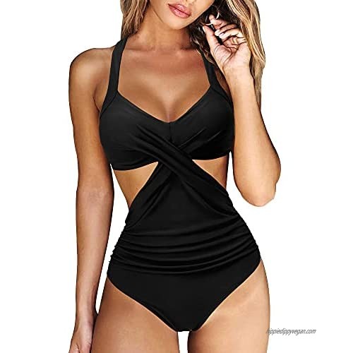 RXRXCOCO Women Front Cross Cutout One Piece Swimsuit Tummy Control High Waisted Monokini Bathing Suit
