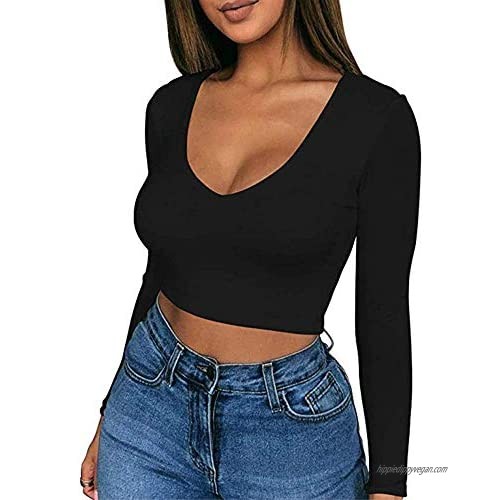 Artfish Women Long Sleeve Stretchy Crop Top Sexy Slim Fitted Fleece Lined Cropped Shirts