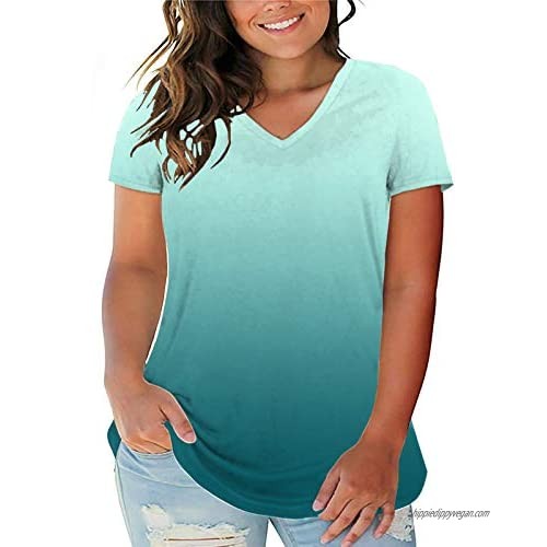 AURISSY Womens Plus-Size Tops Summer V Neck T Shirts Floral Tie Dye Tunics Tee