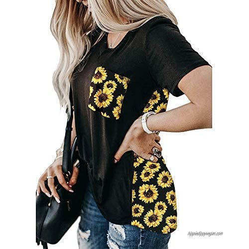 BRUBOBO Womens Summer V Neck T Shirts Leopard Print Short Sleeve Tunic Tops Tees with Pockets