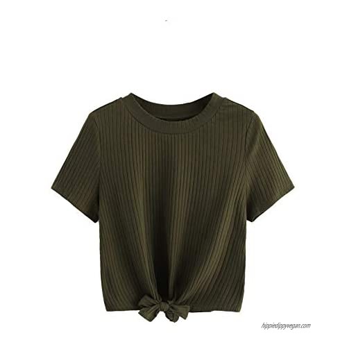 Romwe Women's Cute Knot Front Solid Ribbed Tee Crop Top T-Shirt