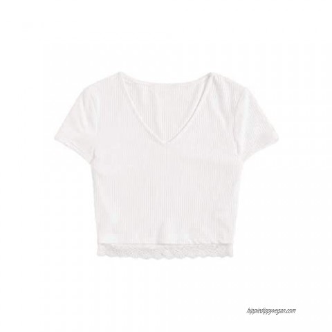 SweatyRocks Women's Sexy V Neck Lace Hem Ribbed Knit Tee Shirt Crop Top