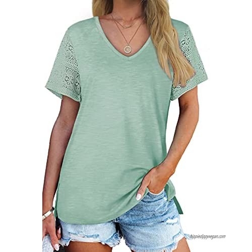 WIHOLL Womens Summer Tops Lace Short Sleeve V Neck T Shirts Side Split