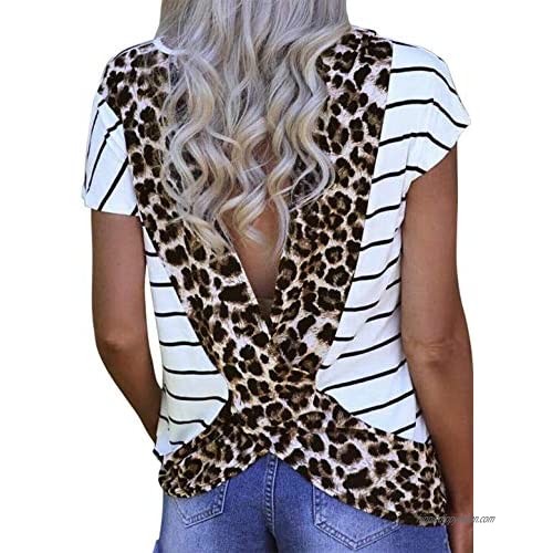 Womens Leopard Print Open Back T Shirt Short Sleeve Cross Sexy Tees Blouse Summer Casual Loose T-Shirt Tops Tunic
