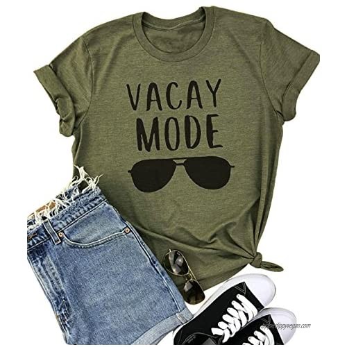 YUYUEYUE Vacay Mode Sunglasses Letter Print T-Shirt Casual Short Sleeve Top Tee Blouse