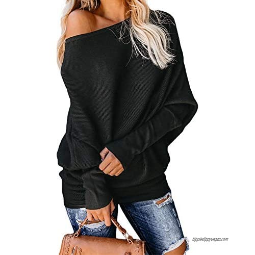 Exlura Women's Off Shoulder Batwing Sleeve Ribbed Shirt Loose Pullover Tops
