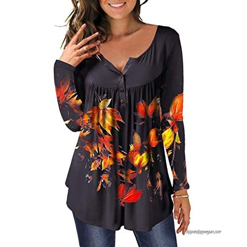 GSFANG Women's Casual Long Sleeve Floral Henley V-Neck Loose Fit Pleated Tunic Shirt Blouse Tops