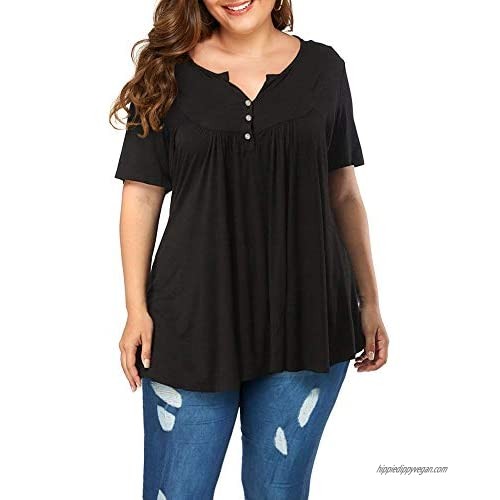 POSESHE Women's Plus Size Henley V Neck Button up Tunic Tops Casual Short Sleeve Blouse Shirts