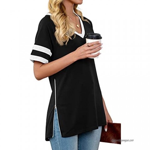 PrinStory Women's Causal Tops V-Neck Soft Raglan Short Sleeves Tops Basic T-Shirt Split Blouse with Side Zipper