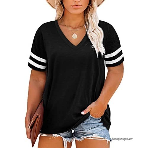 ROSKIKI Womens Casual Plus Size Color Block T-Shirt Summer Short Sleeve Blouse Tops
