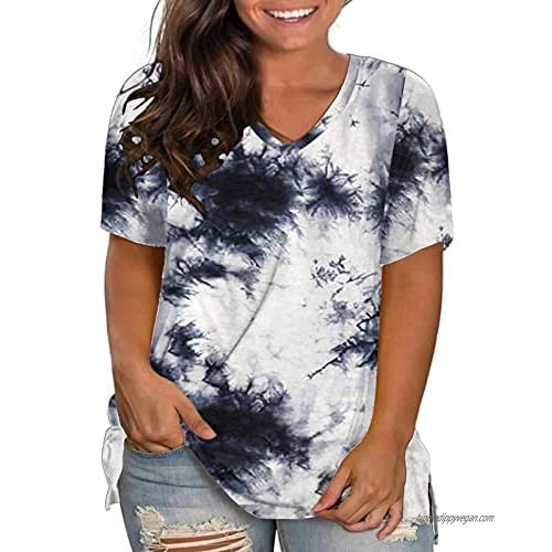 ROSRISS Womens Plus Size Short Sleeve T Shirt V Neck High Low Tops Blouse Tunics with Side Split