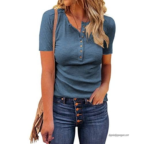 VICHYIE Womens Ribbed Knit Henley Long Sleeves Tunic Lace Tops V Neck Button Shirts Casual Slim Fit Blouses