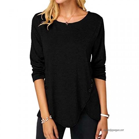 Womens Casual Long Sleeve Tunic Shirts Round Neck Button Side Blouses Tops