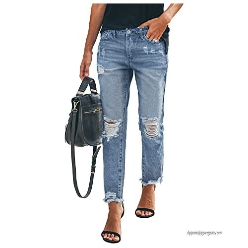 HDLTE Women Ripped Jeans Loose Distressed Boyfriends Jeans Frayed Ankle Skinny Denim Pants Knees Hole Trousers