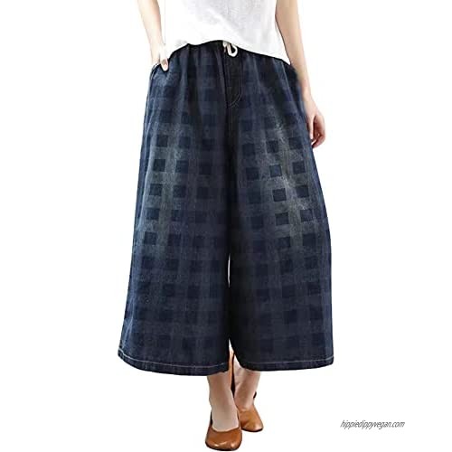 Womens Casual Loose Cropped Jeans Wide Leg Denim Pants Skirts Vintage Pants Harem Trousers Elastic Waist with Pockets