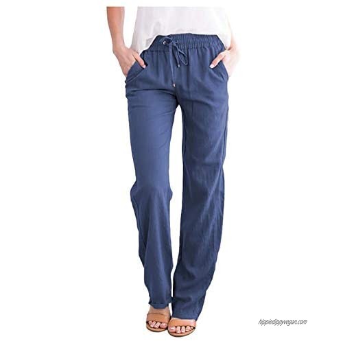 SCOFEEL Women's Cotton Linen Pants Drawstring Elastic Waist Side Pockets high Rise Casual Loose Trousers Pants Blue