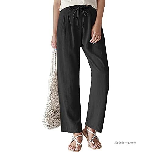 Women's Cotton and Linen Solid Pocket Drawstring Straight Pants Summer Elastic Waist Trousers with Drawstring