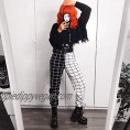 Women's Gothic Plaid Color Block Sweatpants Stretchy High Waist Tapered Stitching Pants Trousers with Pockets
