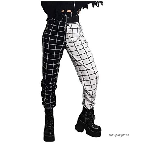 Women's Gothic Plaid Color Block Sweatpants Stretchy High Waist Tapered Stitching Pants Trousers with Pockets