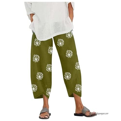 Women's Plus Size Print Capri Pants Summer Casual Linen Cropped Wide Leg Pants Harem Trouser with Pocket